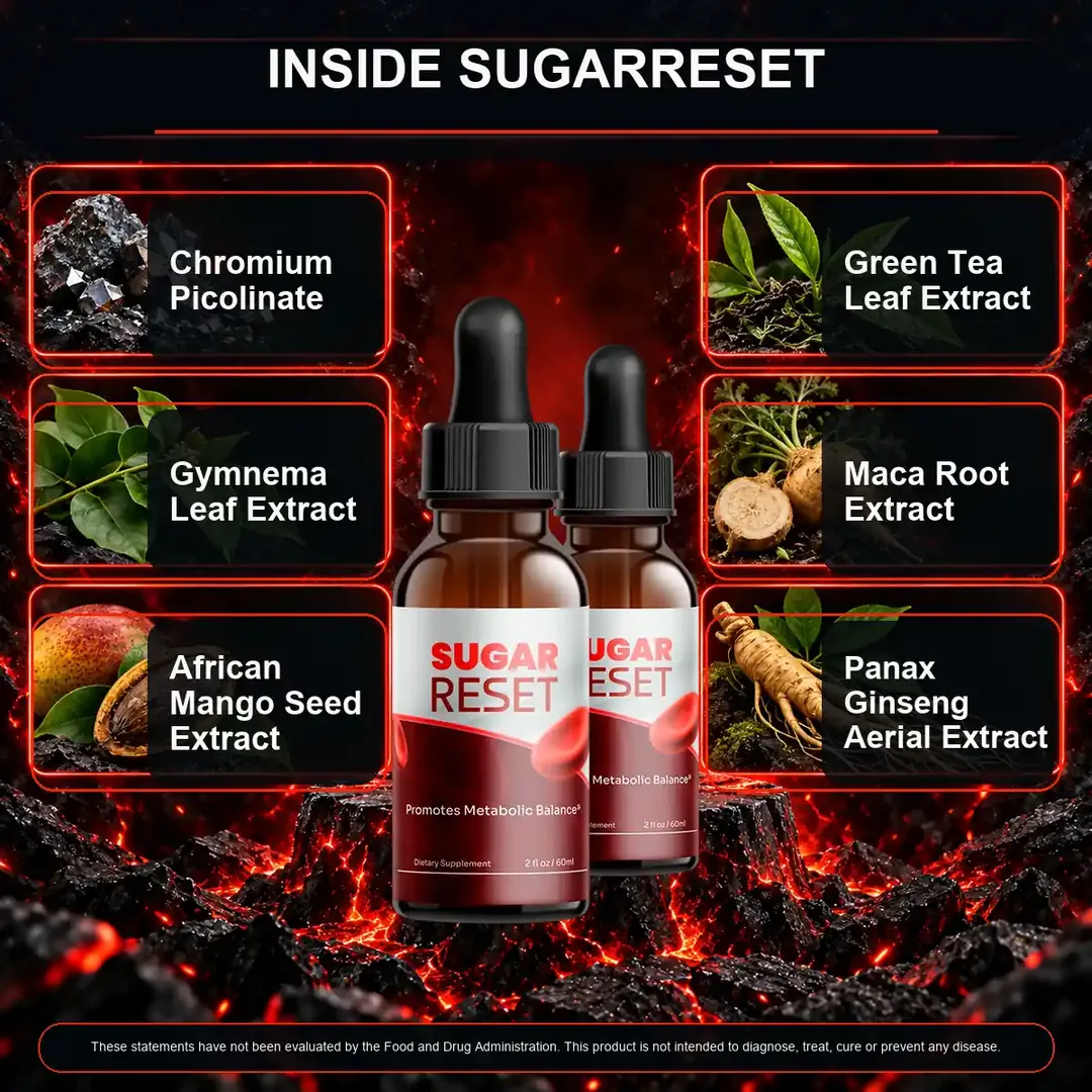 Inside Sugar Reset panel naming chromium picolinate, gymnema, African mango, green tea, maca and Panax ginseng