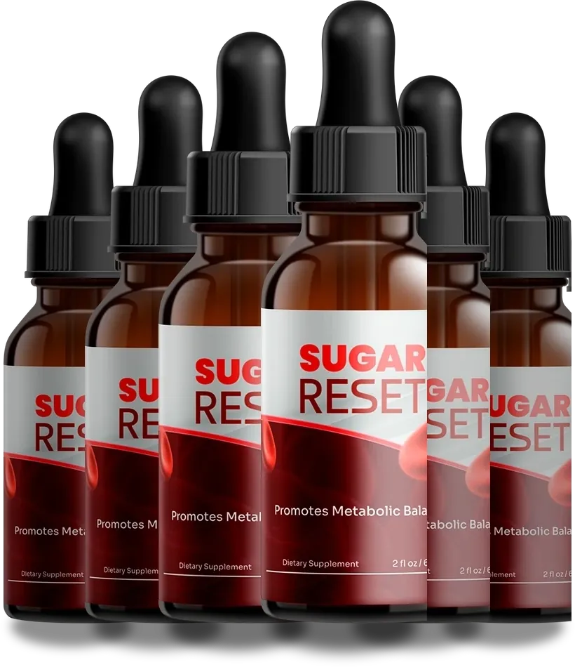 Six Sugar Reset dropper bottles lined up